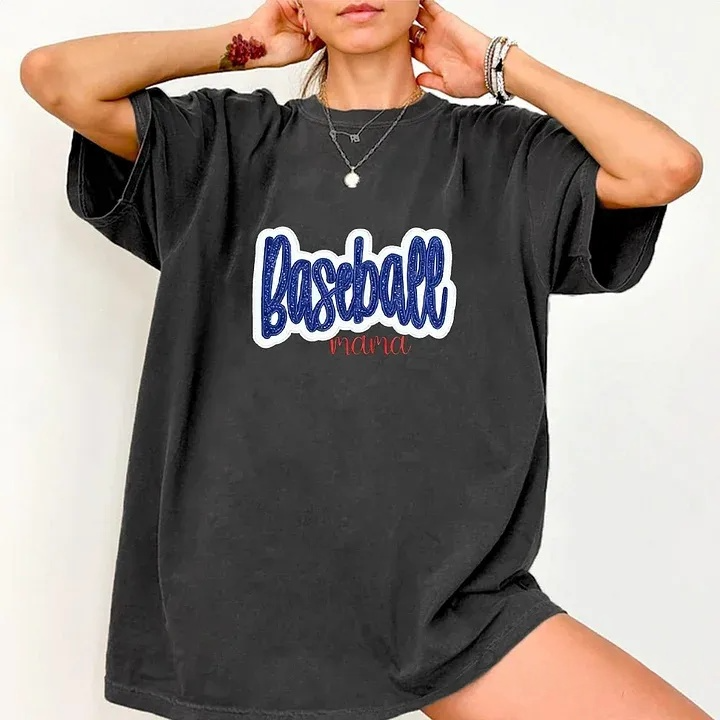 Personalized Custom Glitter Embroidered Baseball Mom Washed T-Shirt with Side Bow