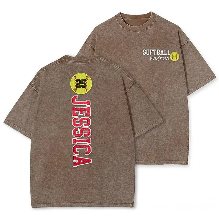 Softball Mom Washed T-Shirt Glitter Embroidery Name or Team Name Shirt