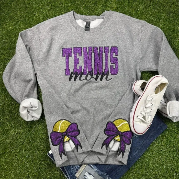 Tennis Bow Sport Mom Glitter Embroidery T-Shirt , Sweatshirt