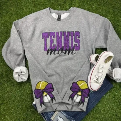 Tennis Bow Sport Mom Glitter Embroidery T-Shirt , Sweatshirt