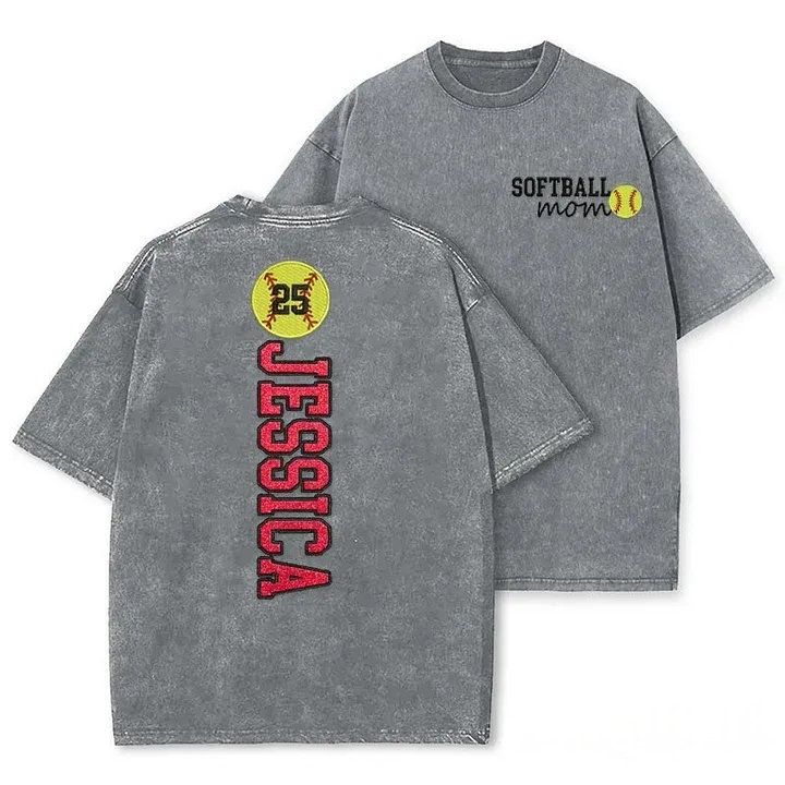 Softball Mom Washed T-Shirt Glitter Embroidery Name or Team Name Shirt
