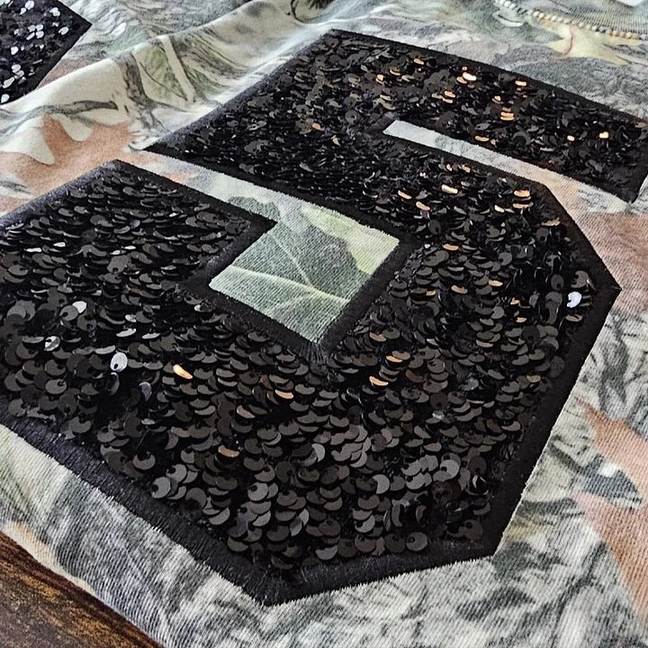 Custom Embroidered Sequin Number Camo T-shirt Sweatshirt and Hoodie