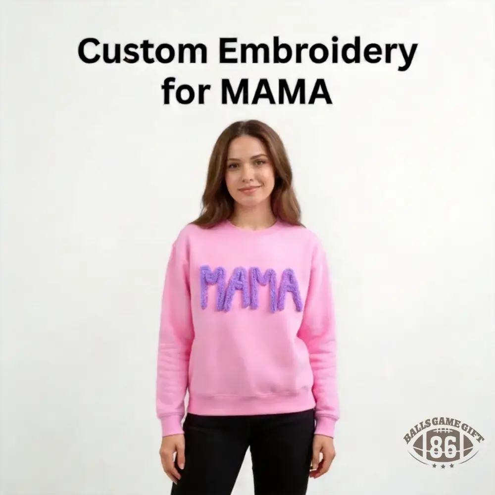 Custom Chenille Yarn Embroidered Mama Sweatshirt with Kids Names on Sleeve Mother’s Day Gift