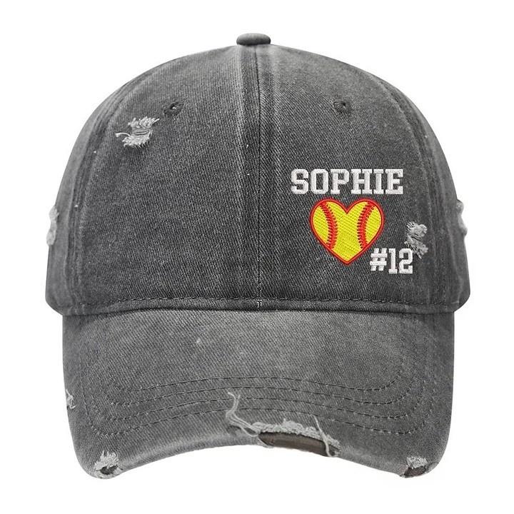 Softball Heart with Name & Number Distressed Baseball Cap Softball Mom Gift