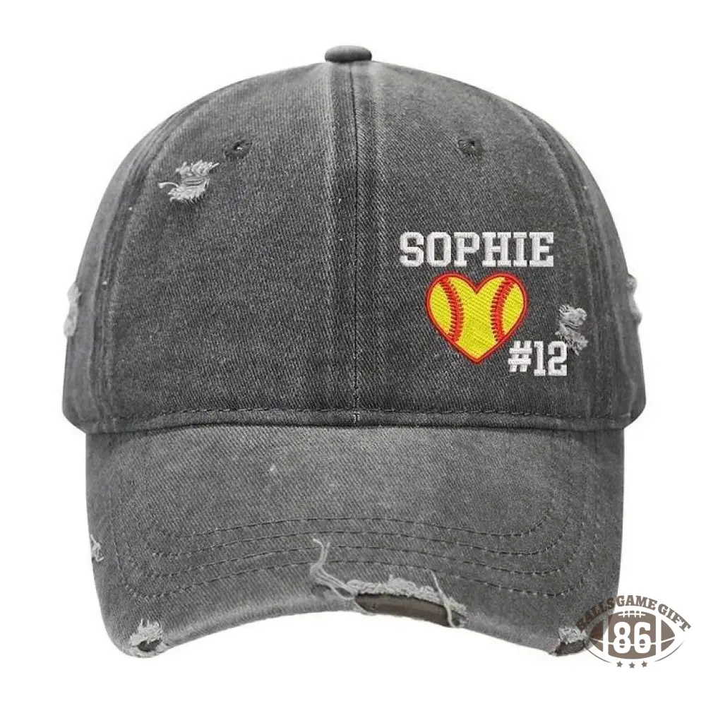 Softball Heart with Name & Number Distressed Baseball Cap Softball Mom Gift