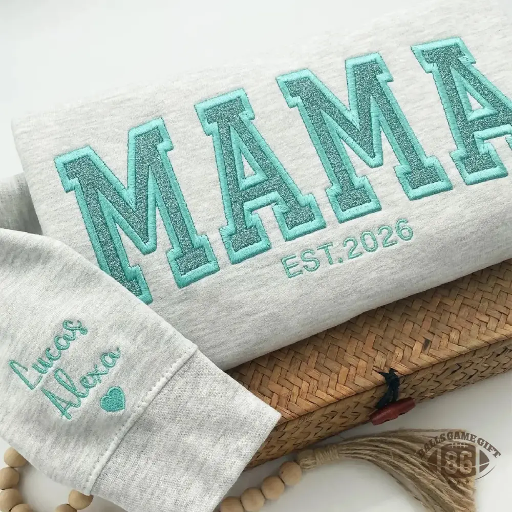  Embroidered Glitter "MAMA" Summer Sweatshirt | Personalized Mom Crewneck with Kids Names