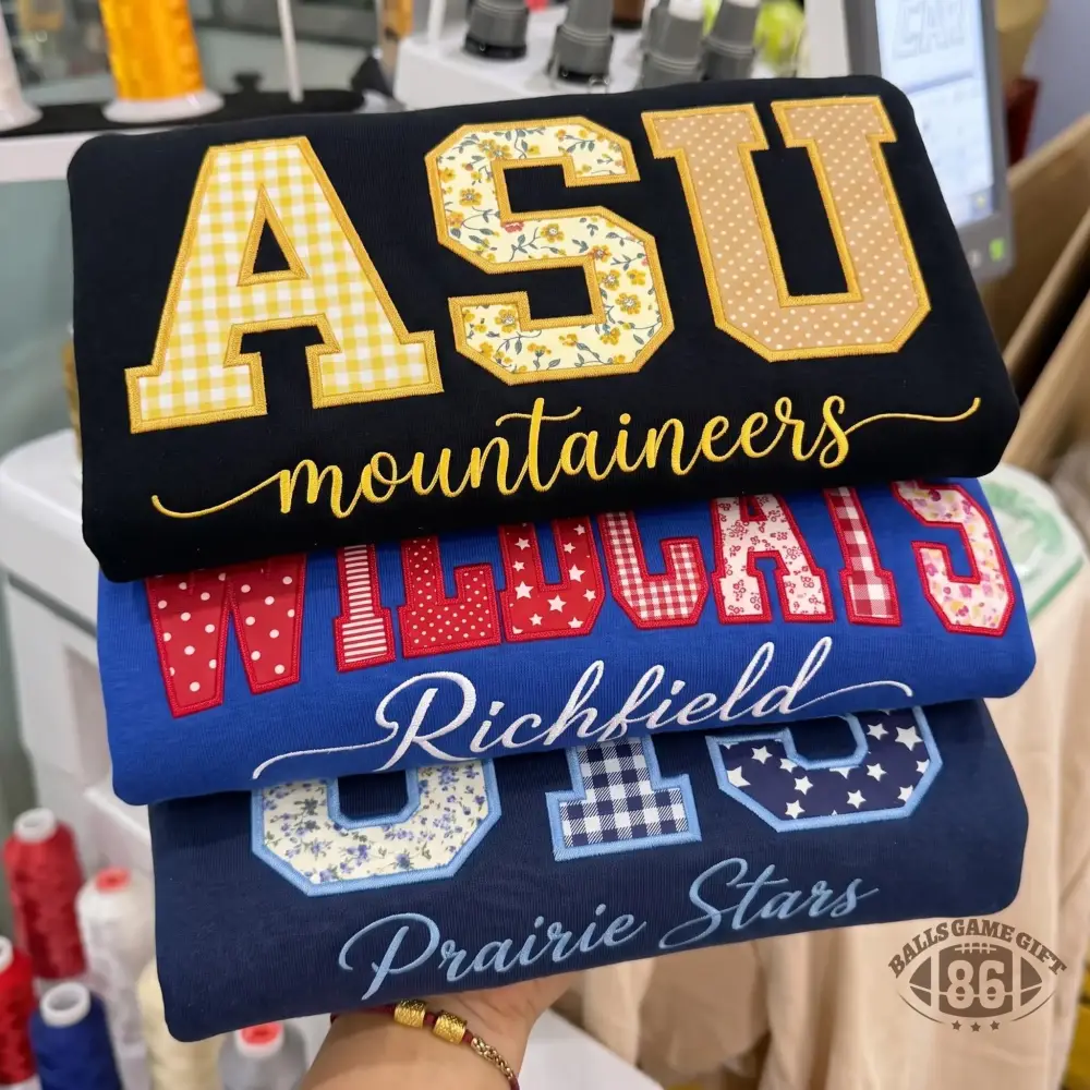 Embroidered Personalized Applique College Sweatshirt, Custom Floral Patchwork Varsity Crewneck