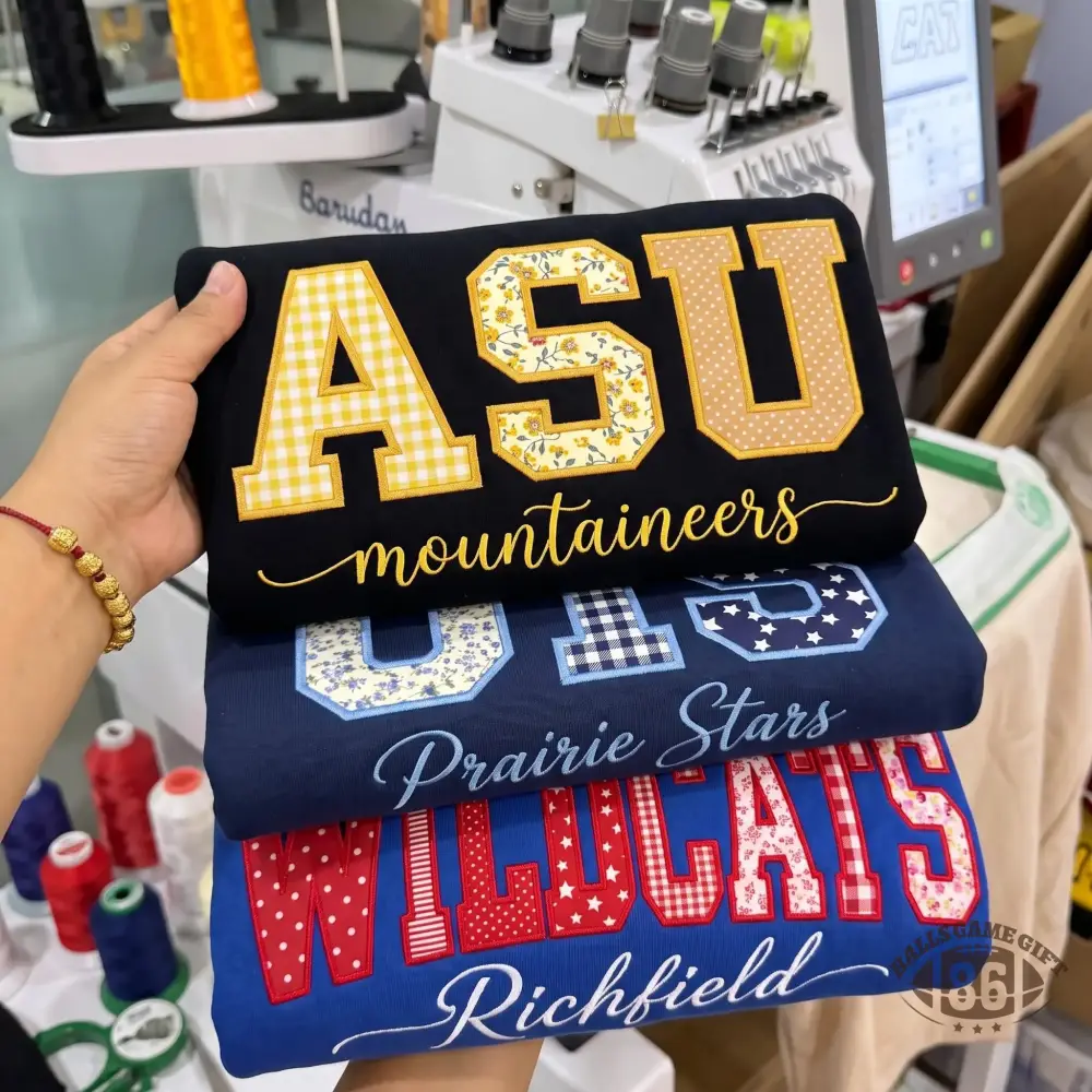 Embroidered Personalized Applique College Sweatshirt, Custom Floral Patchwork Varsity Crewneck