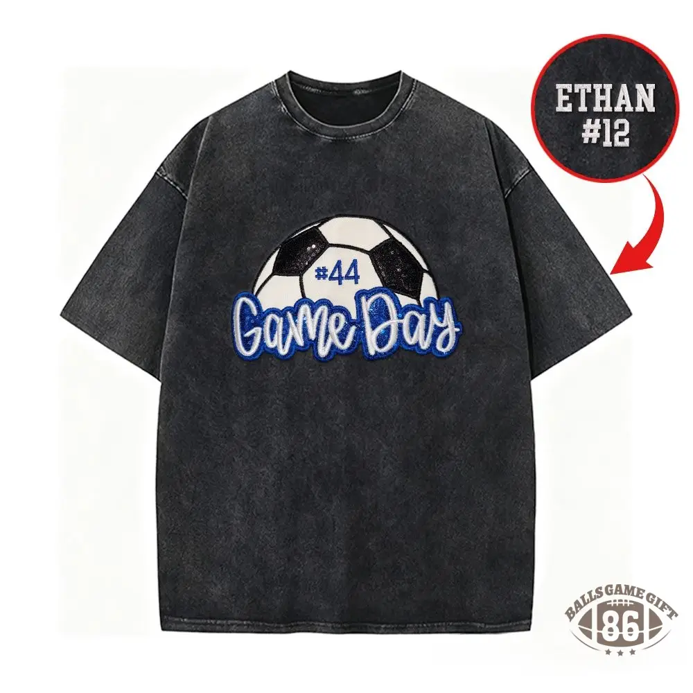 Embroidery Soccer Game Day Washed T-Shirt Sequin Soccer Side Bow