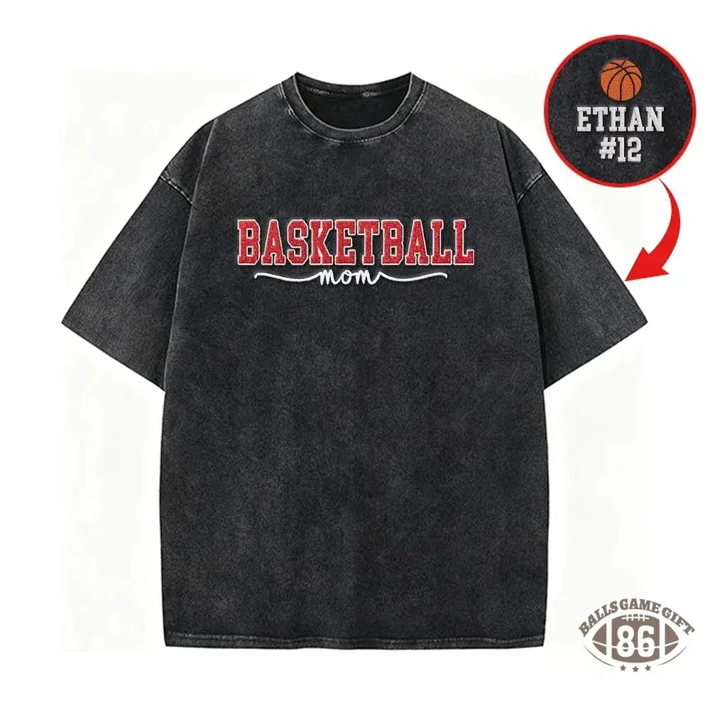 Basketball Mom Side Bow Washed T-shirt with Glitter Embroidered Coquette shirt