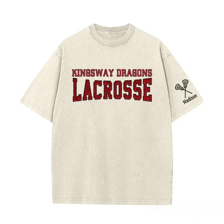 Custom Glitter Embroidered Lacrosse Washed T-shirt with School Name Team Spirit Shirt