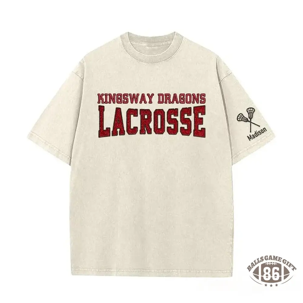 Custom Glitter Embroidered Lacrosse Washed T-shirt with School Name Team Spirit Shirt