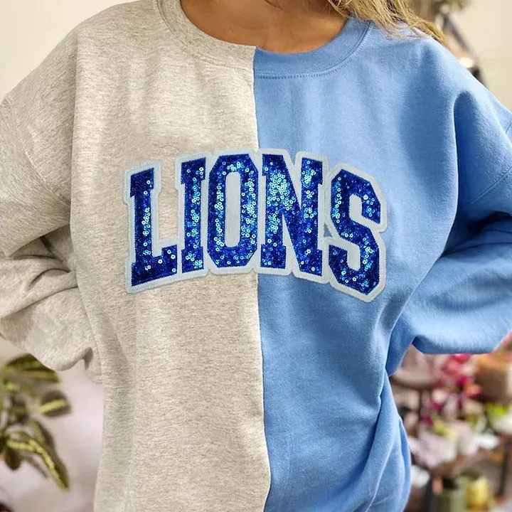 Personalized School Team Sequins Appliqué Sweatshirt – Two-Tone Split Crewneck