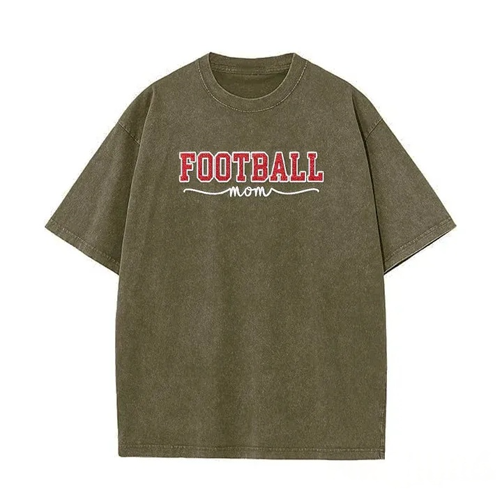 Glitter Embroidered Football Mom Proud Sport Mom Washed T-Shirt