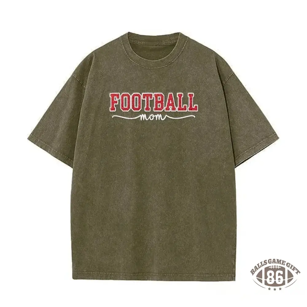 Glitter Embroidered Football Mom Proud Sport Mom Washed T-Shirt