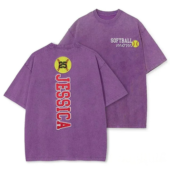 Softball Mom Washed T-Shirt Glitter Embroidery Name or Team Name Shirt