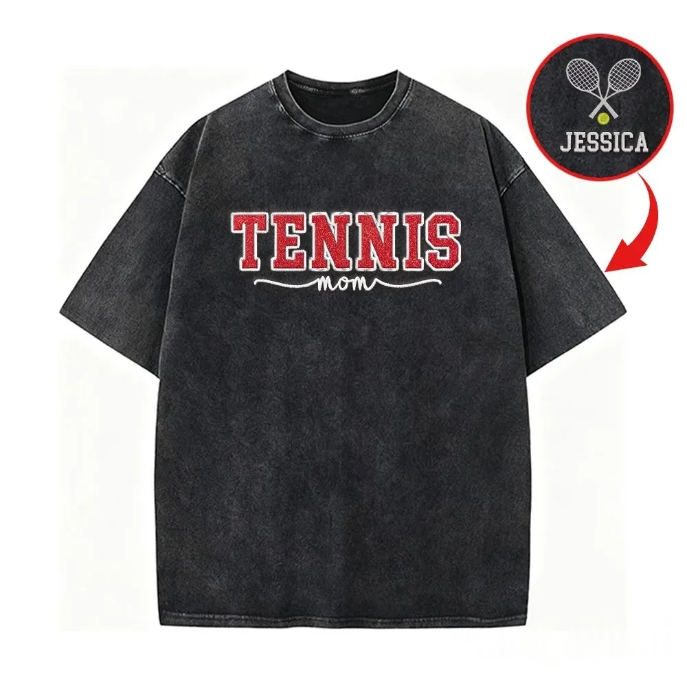Embroidered Tennis Mom Dad Washed T-Shirt with Glitter Side Bow Vintage T-shirt
