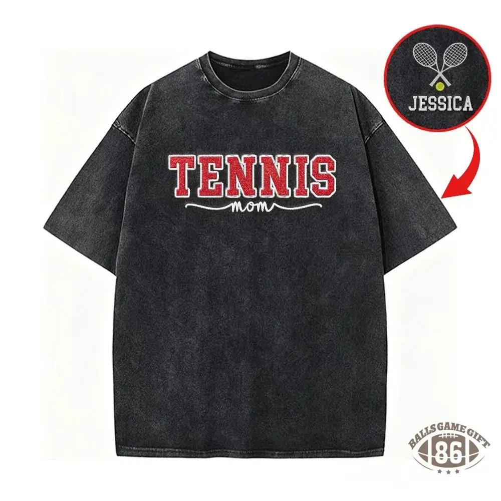 Embroidered Tennis Mom Dad Washed T-Shirt with Glitter Side Bow Vintage T-shirt
