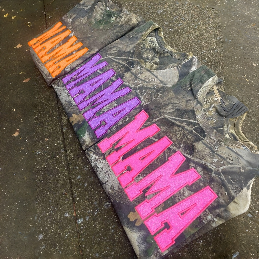 Pamaviva Personalized Camo Glitter Text Mama Shirt Custom Name Hunting Gift for Mom Mothers Day Apparel