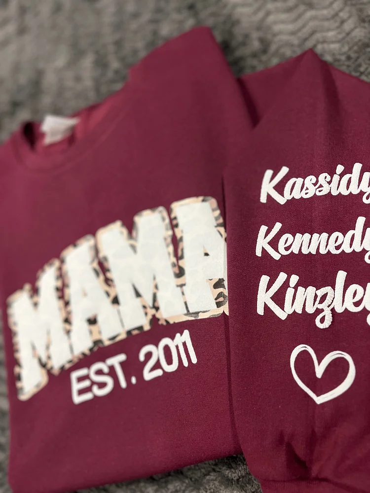 Mama Leopard Puff Print Personalized Sweatshirt or Hoodie with Kids Name Sleeve Gift for Mom