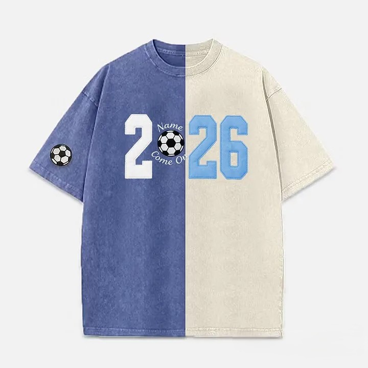 Custom Fabric Applique 2026 Soccer Embroidered Two Tone Vintage Washed T-Shirt for Cheer & Game Day ⚽✨