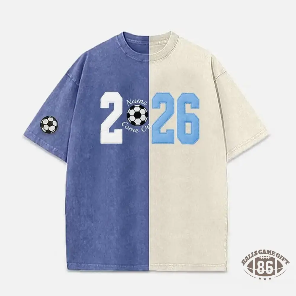 Custom Fabric Applique 2026 Soccer Embroidered Two Tone Vintage Washed T-Shirt for Cheer & Game Day ⚽✨