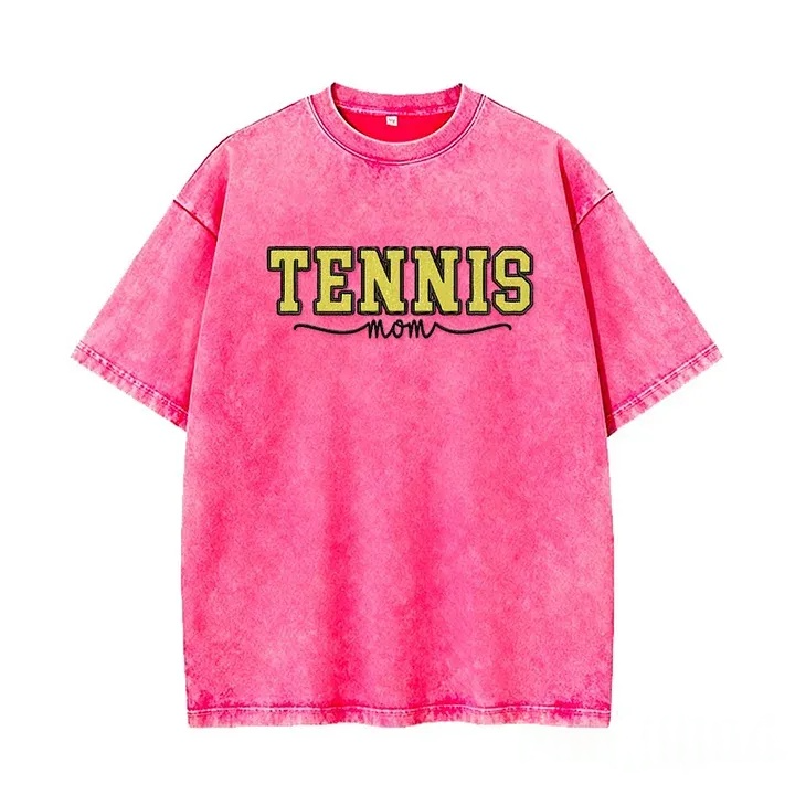 Embroidered Tennis Mom Dad Washed T-Shirt with Glitter Side Bow Vintage T-shirt