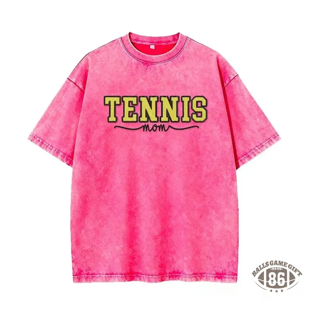 Embroidered Tennis Mom Dad Washed T-Shirt with Glitter Side Bow Vintage T-shirt