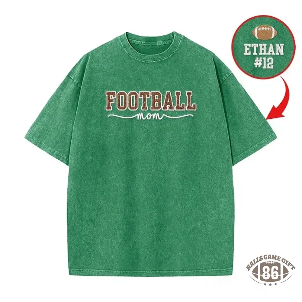 Glitter Embroidered Football Mom Proud Sport Mom Washed T-Shirt