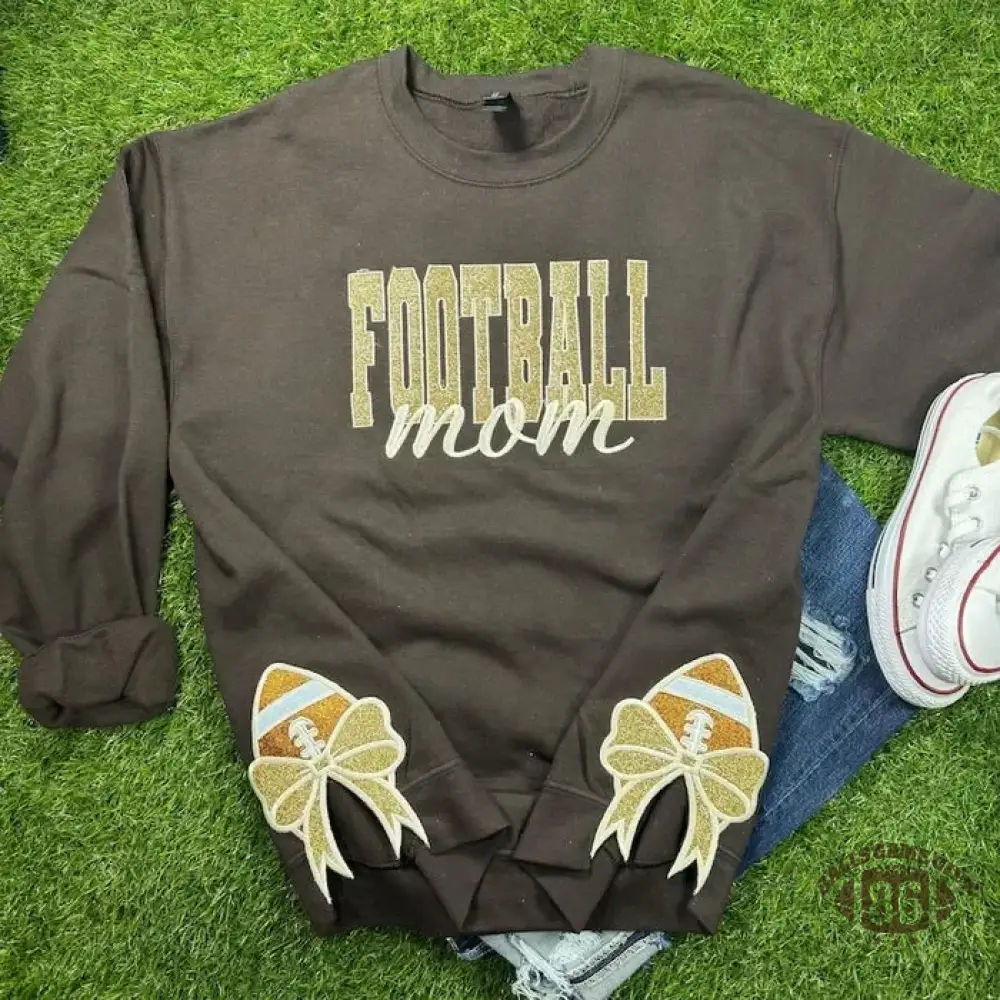 Football Bow Sport Mom Glitter Embroidery T-Shirt , Sweatshirt