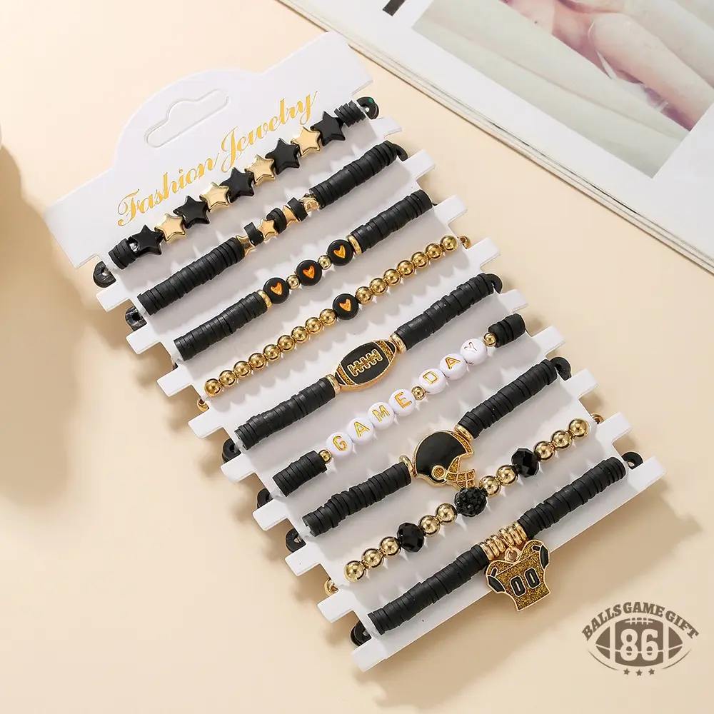 Football Game Day Stackable Beaded Bracelets Set Mom Fans Game Day Jewelry Gift