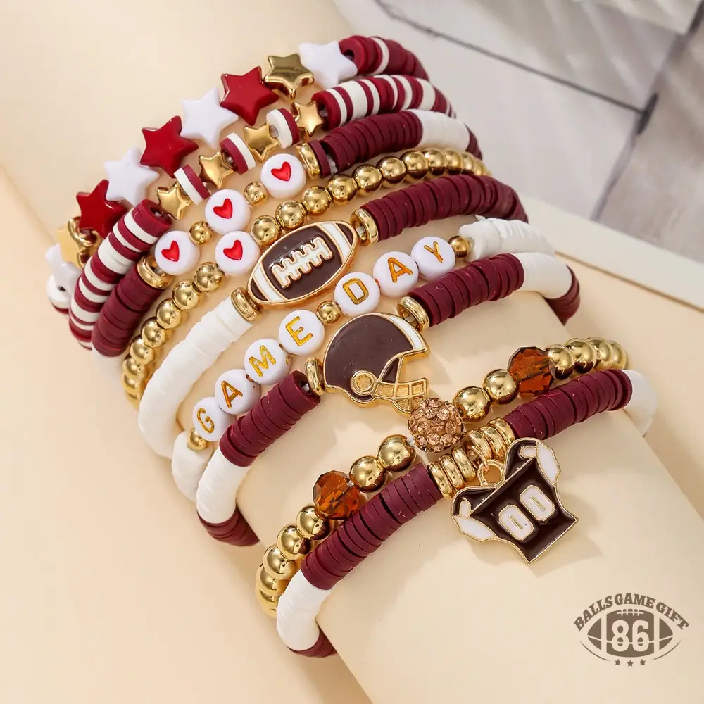Football Game Day Stackable Beaded Bracelets Set Mom Fans Game Day Jewelry Gift