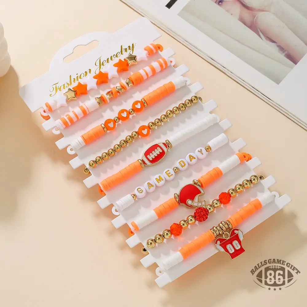 Football Game Day Stackable Beaded Bracelets Set Mom Fans Game Day Jewelry Gift