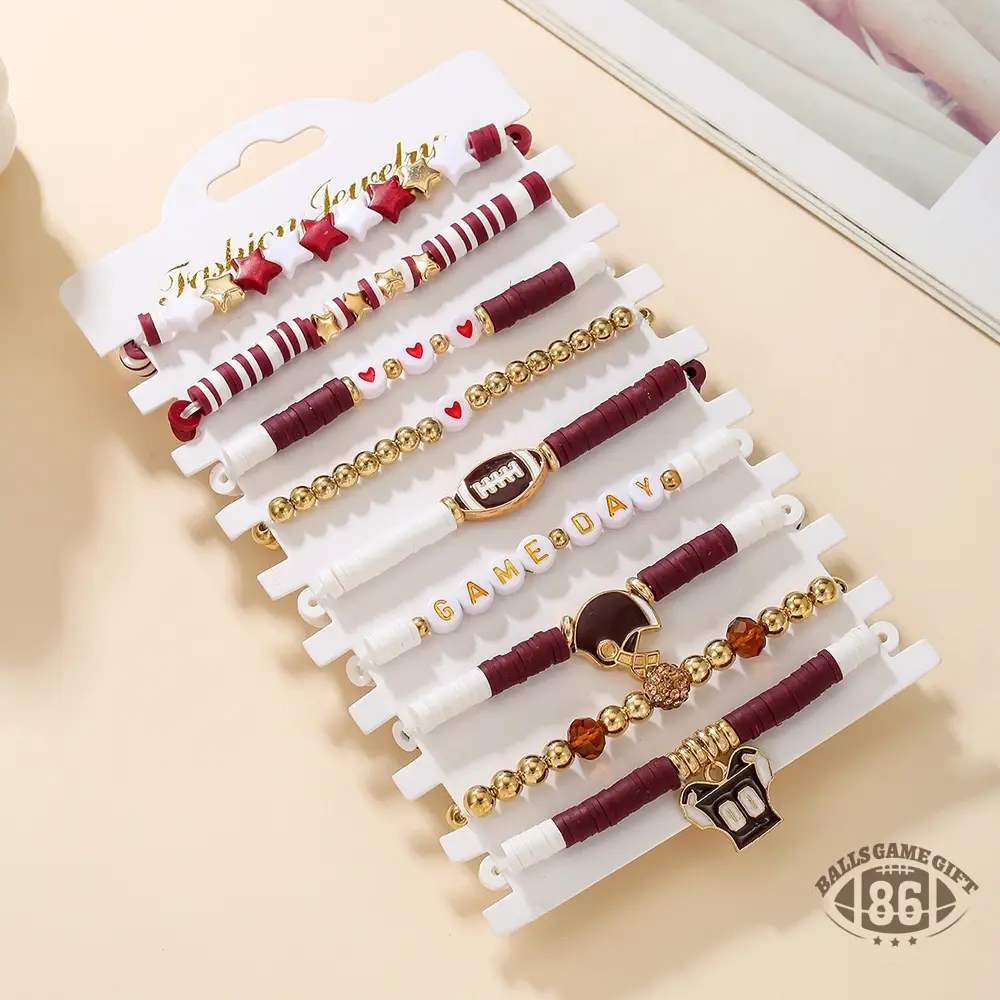 Football Game Day Stackable Beaded Bracelets Set Mom Fans Game Day Jewelry Gift