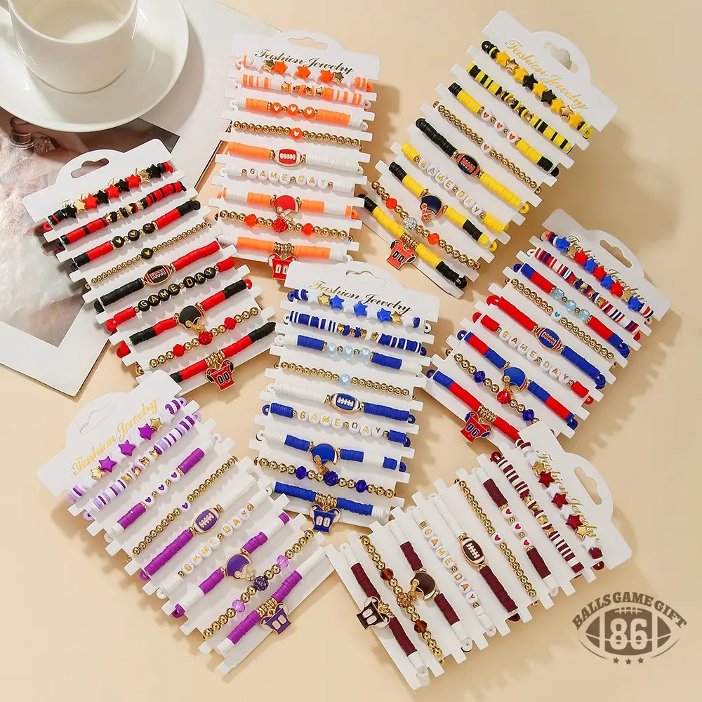Football Game Day Stackable Beaded Bracelets Set Mom Fans Game Day Jewelry Gift