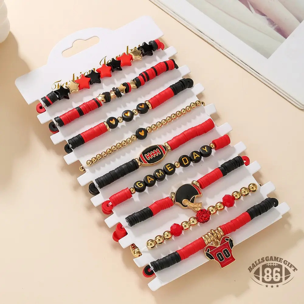 Football Game Day Stackable Beaded Bracelets Set Mom Fans Game Day Jewelry Gift