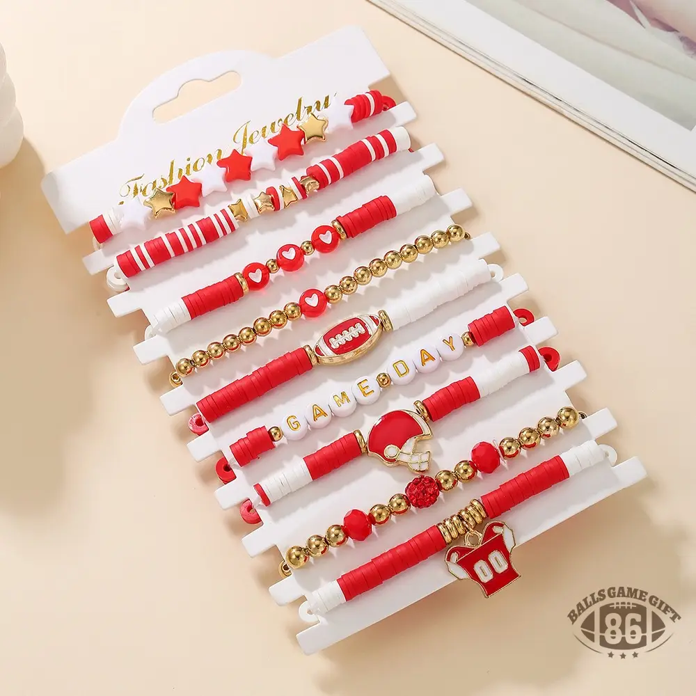 Football Game Day Stackable Beaded Bracelets Set Mom Fans Game Day Jewelry Gift