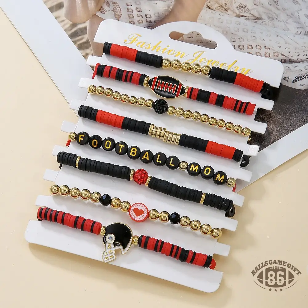Football Game Day Stackable Beaded Bracelets Set Mom Fans Game Day Jewelry Gift