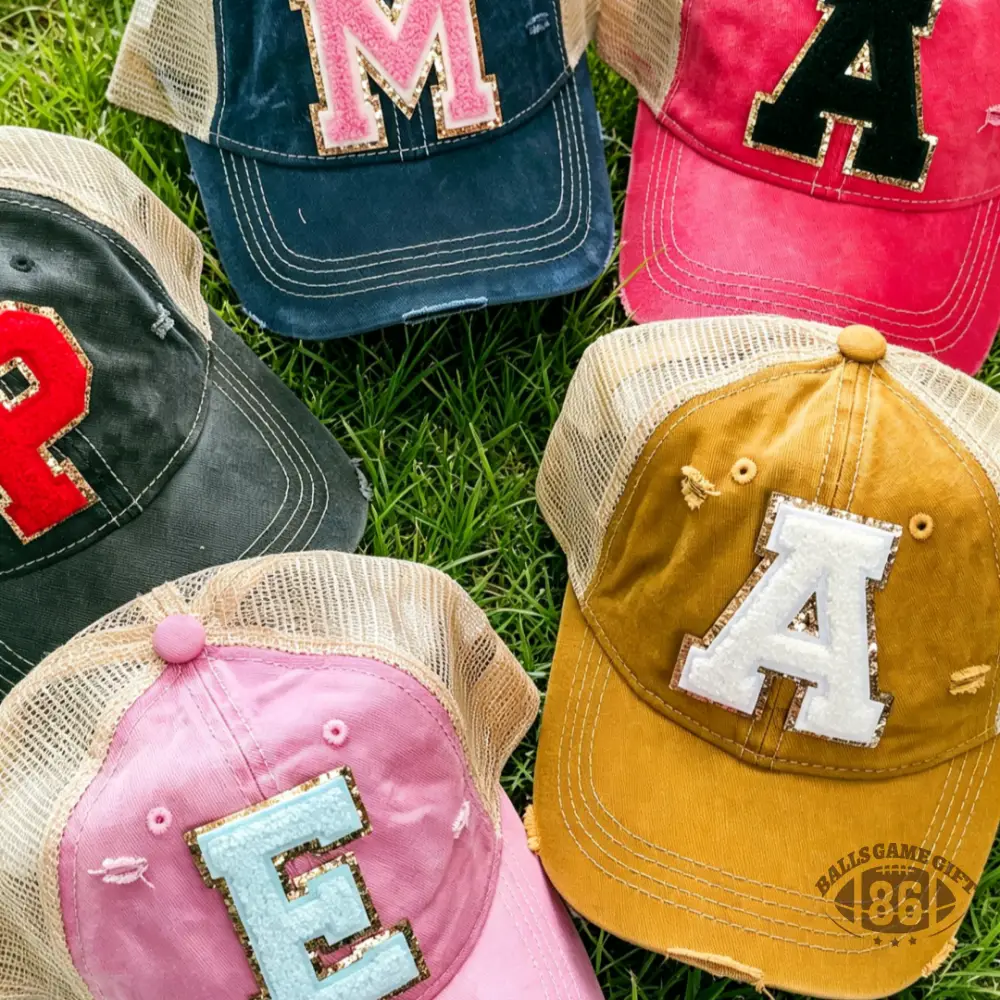 Game Day Custom Initial Chenille Patch Washed Distressed Mesh Back Trucker Hat