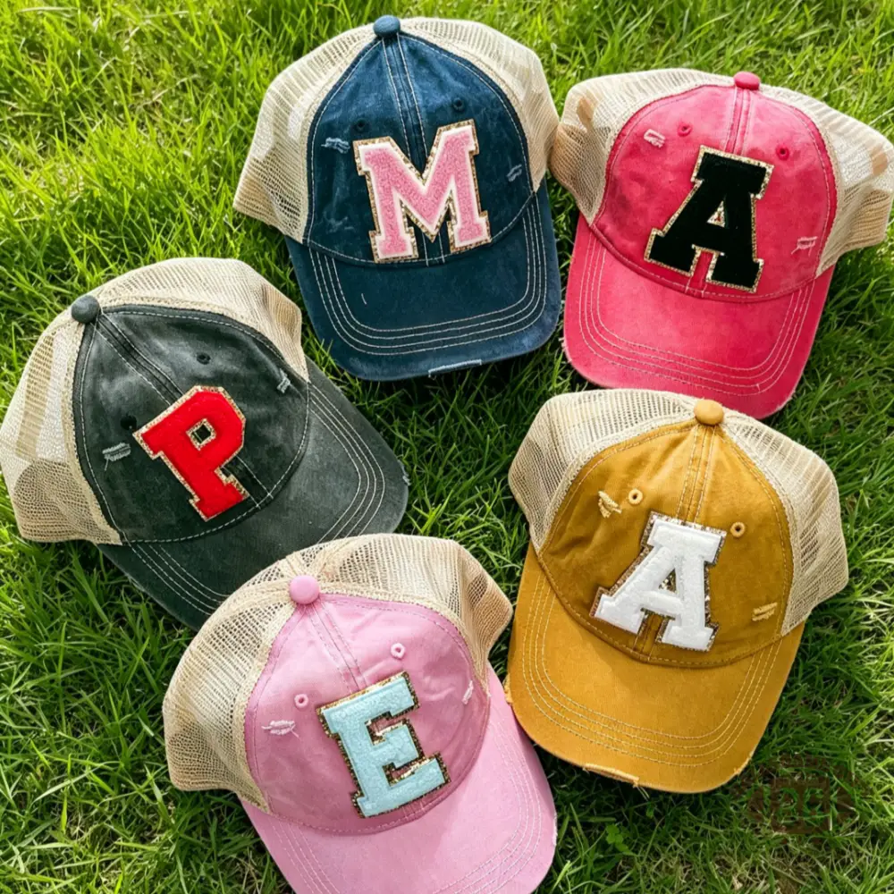 Game Day Custom Initial Chenille Patch Washed Distressed Mesh Back Trucker Hat