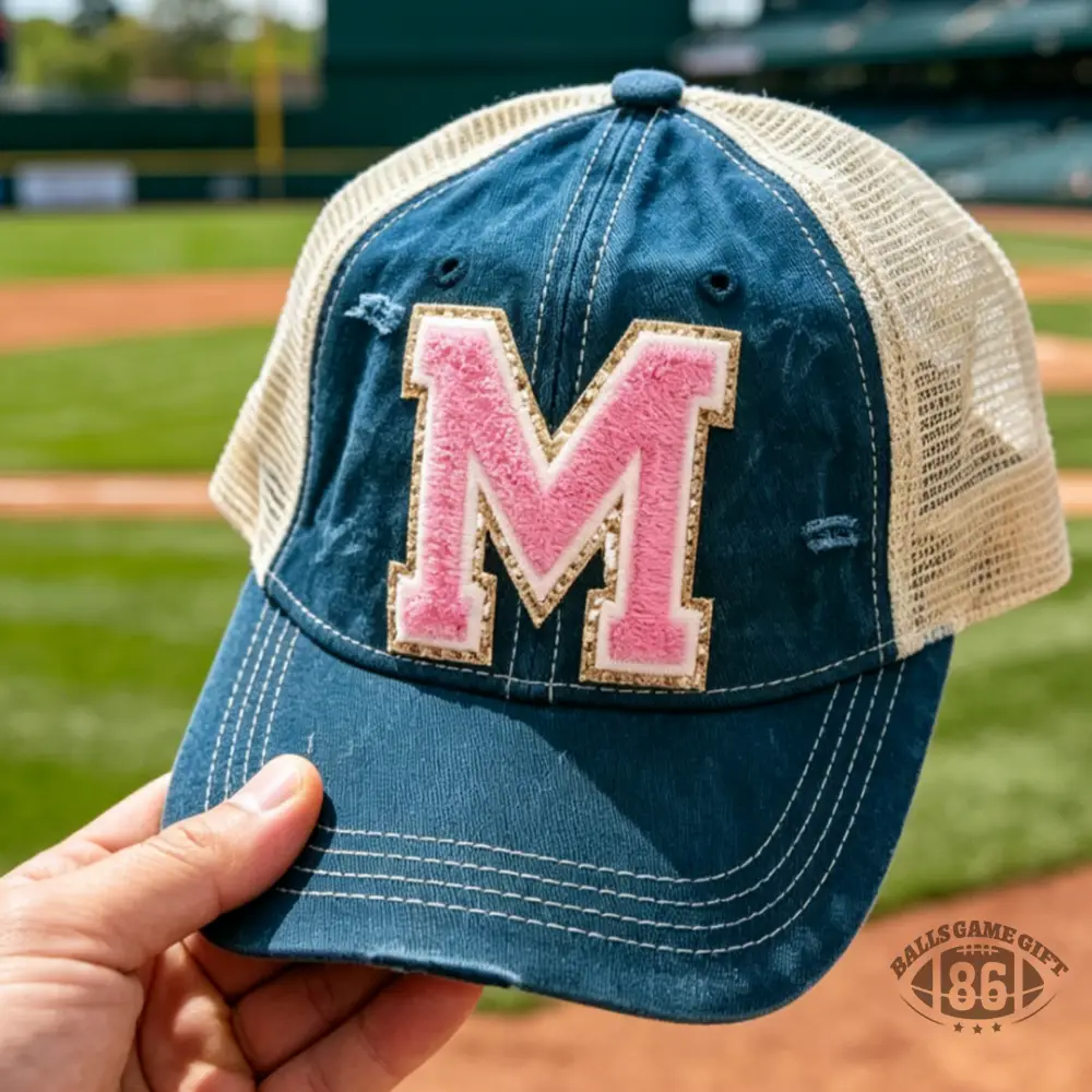 Game Day Custom Initial Chenille Patch Washed Distressed Mesh Back Trucker Hat