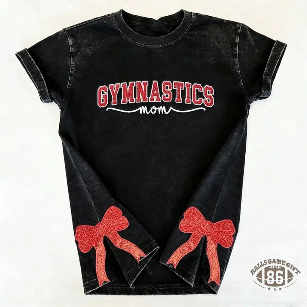 Gymnastics Mom Side Bow Glitter Embroidery Washed T-Shirt Gymnastic Mom Apparel