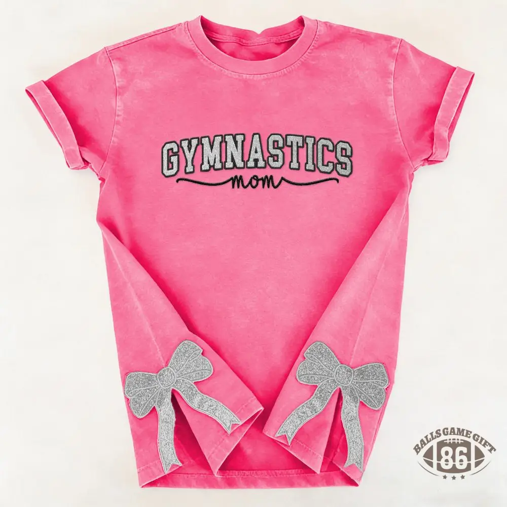 Gymnastics Mom Side Bow Glitter Embroidery Washed T-Shirt Gymnastic Mom Apparel