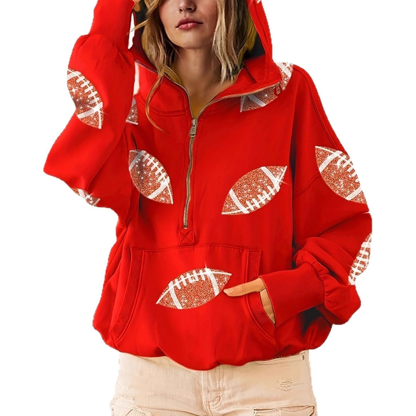 Women's Fashion Football Sequins Hoodie-Half Zip Long Sleeve 