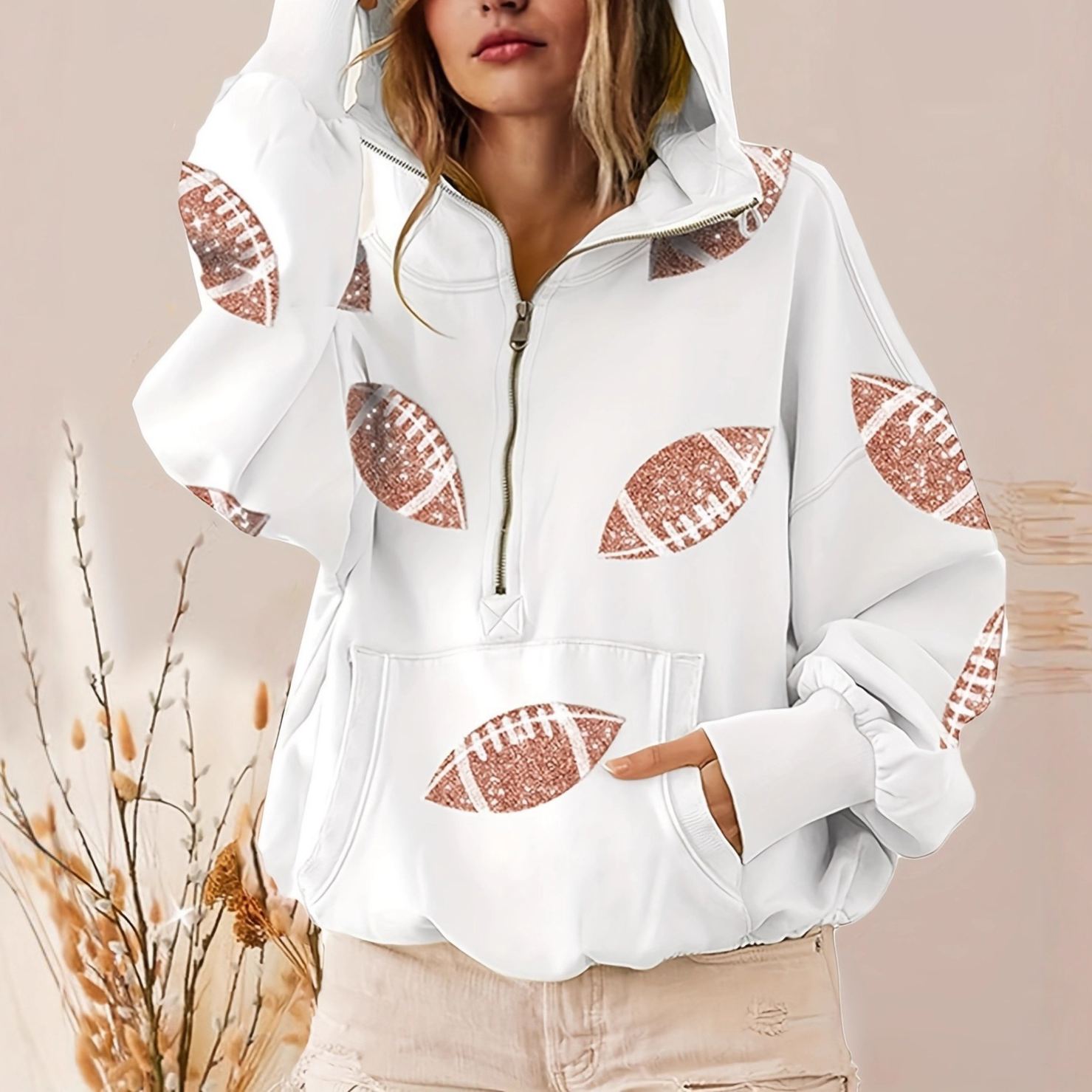 Women's Fashion Football Sequins Hoodie-Half Zip Long Sleeve 