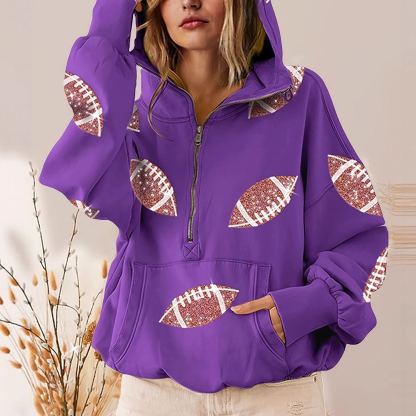 Women's Fashion Football Sequins Hoodie-Half Zip Long Sleeve 