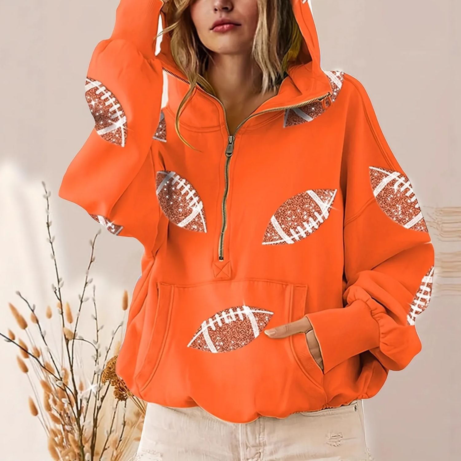 Women's Fashion Football Sequins Hoodie-Half Zip Long Sleeve 