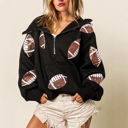 Women's Fashion Football Sequins Hoodie-Half Zip Long Sleeve 