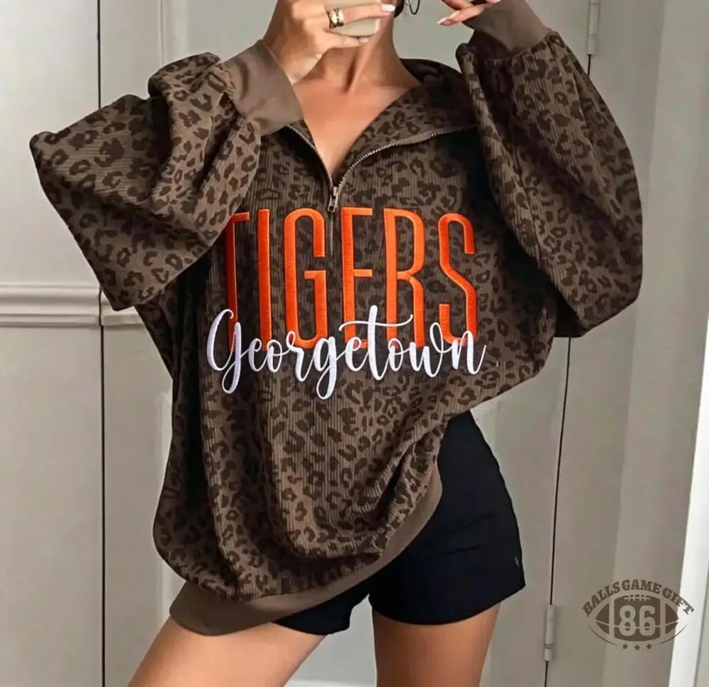 Leopard Half Zip Sweatshirt,  Custom Embroidery Team Name Oversized Sweatshirt