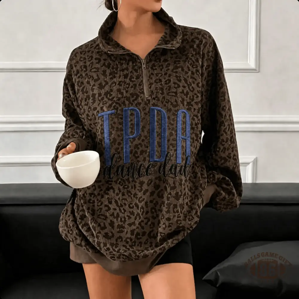 Leopard Half Zip Sweatshirt,  Custom Embroidery Team Name Oversized Sweatshirt